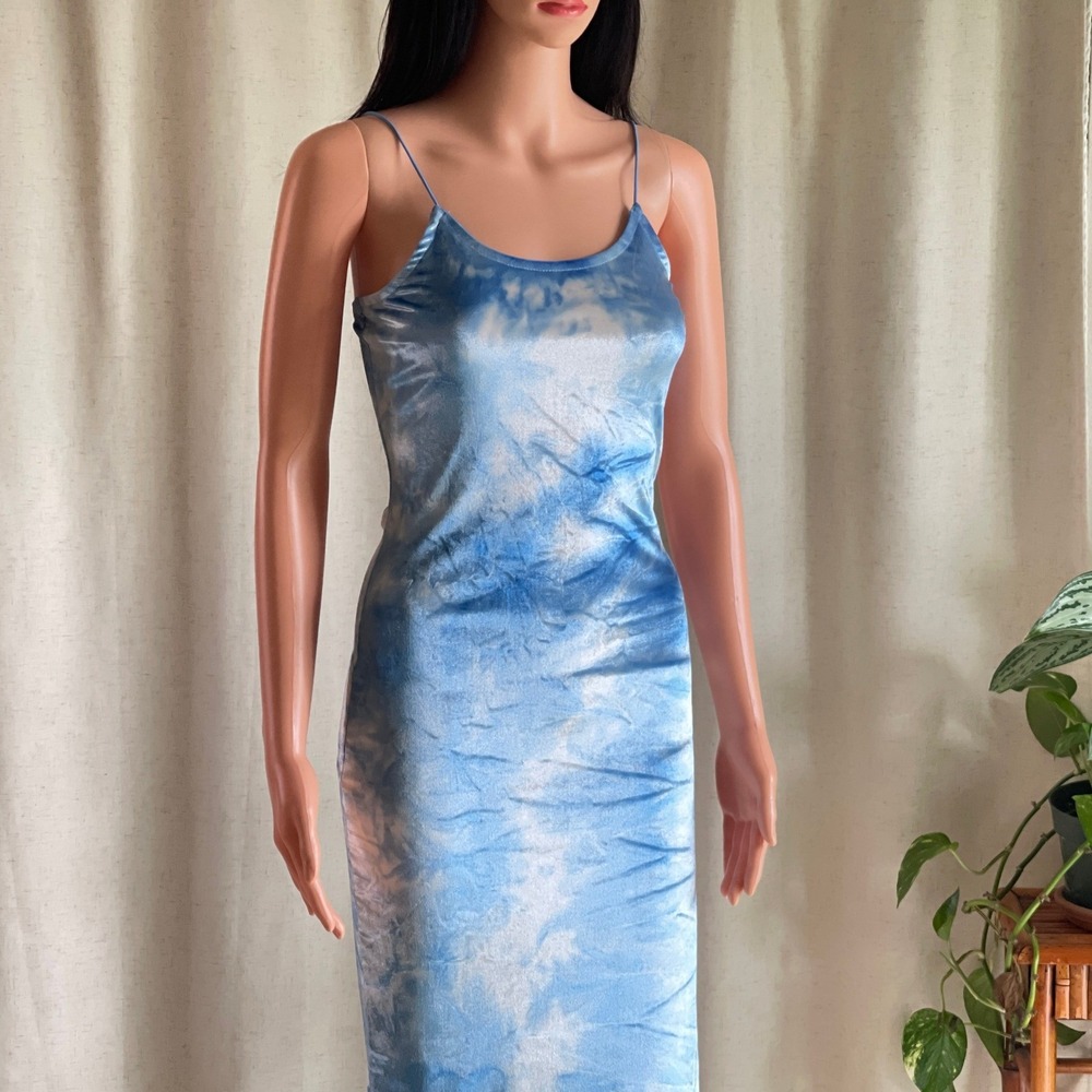 Derek Heart Blue Tie Dye Velvet Bodycon Midi Dress Spaghetti Strap Side Slit S
